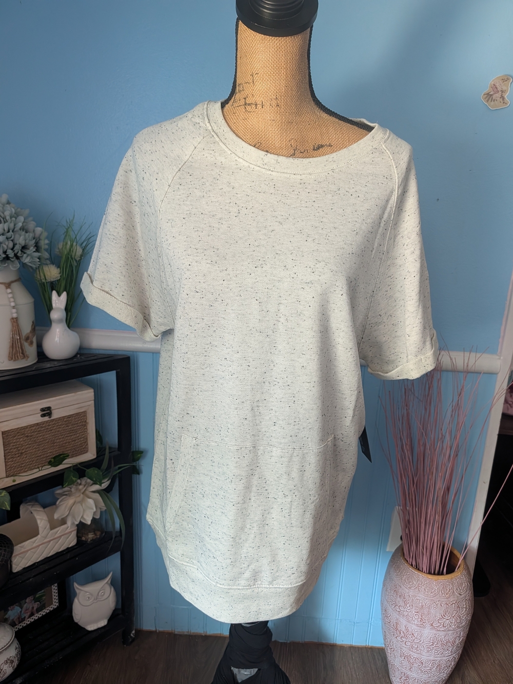 Brand New- Mono B Light Heathered Speckled Short-Sleeve Sweatshirt - Off-White